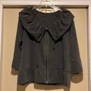 FEVER XL Chic Gray Victorian Ruffle Zip-Up Jacket with pockets
